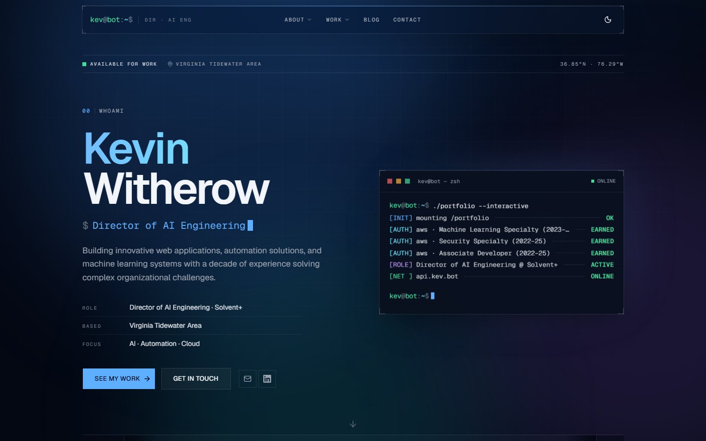 The home page, October 2026. The terminal card is wired to the API's status endpoint, so the “online” in the corner is reporting on the box it runs on. The kev.bot home page: a floating header, the name in large type, and a terminal card booting the portfolio