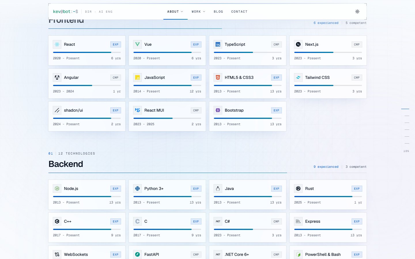 Light mode after three rounds. The first was boring, the second was harsh, the third is a wash you stop noticing. The skills page in light mode: white tiles with brand marks, a soft blue wash and a faint blueprint grid