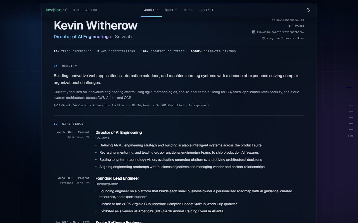 The web version. The PDF is generated separately from the same data, in the shape scanners like. The résumé page: name and contact row, summary with stats, experience with dates in the margin, and a download button